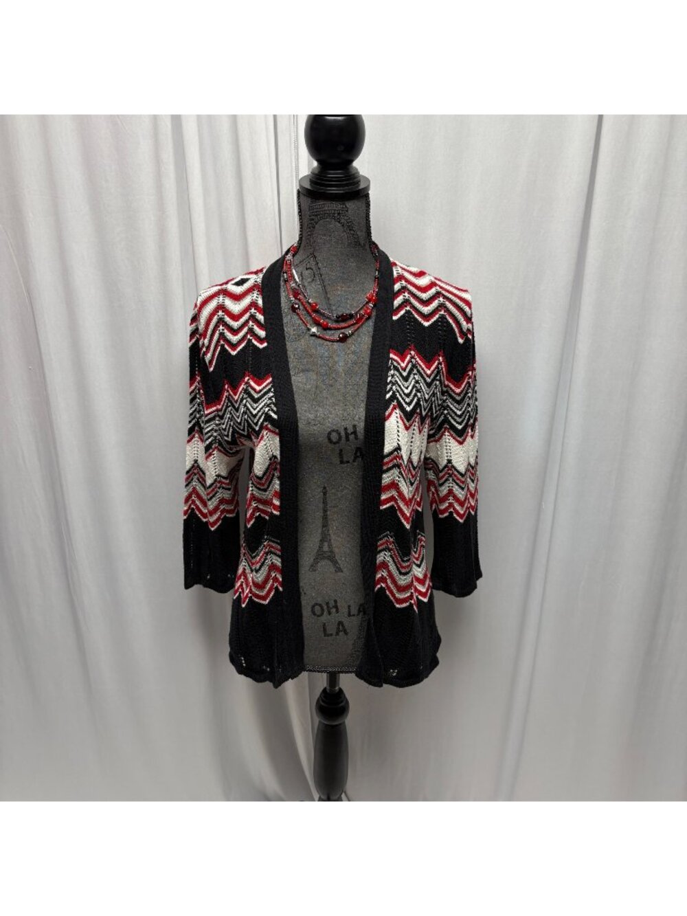 Two-One-Two Open Front Cardigan Womens Size Large Red Black Lightweight Sweater